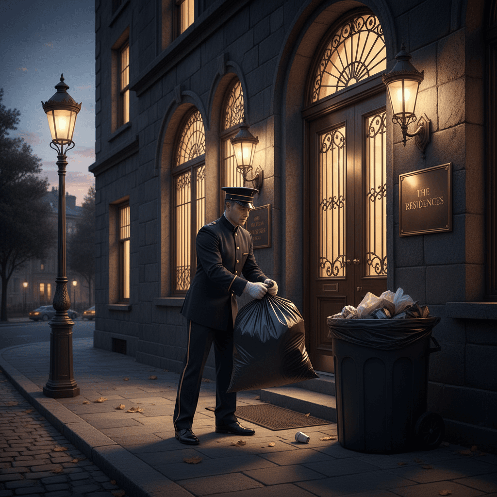 Uniformed valet trash porter at apartment building entrance