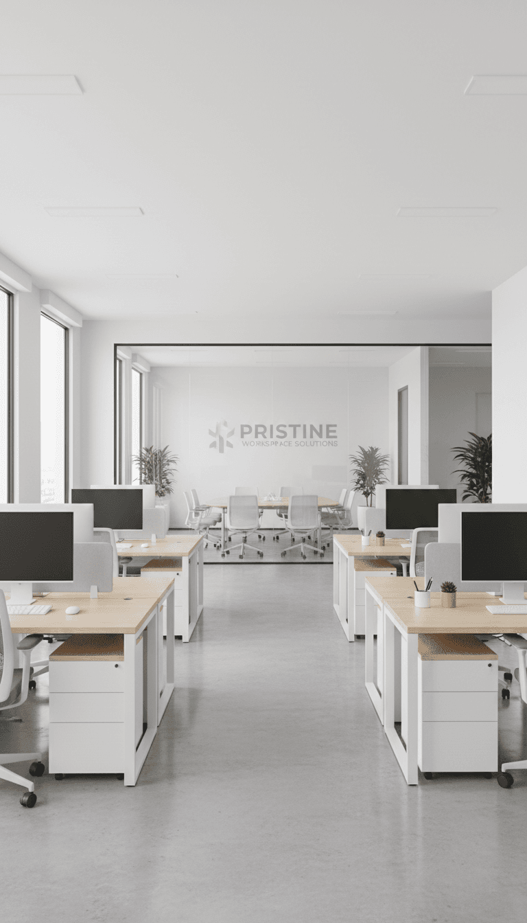 Bright and clean modern office with large windows and organized workspace.