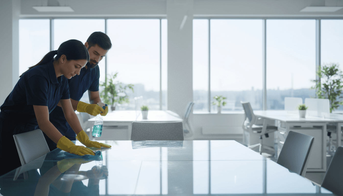 JanMore Solutions cleaning team working in a corporate office environment