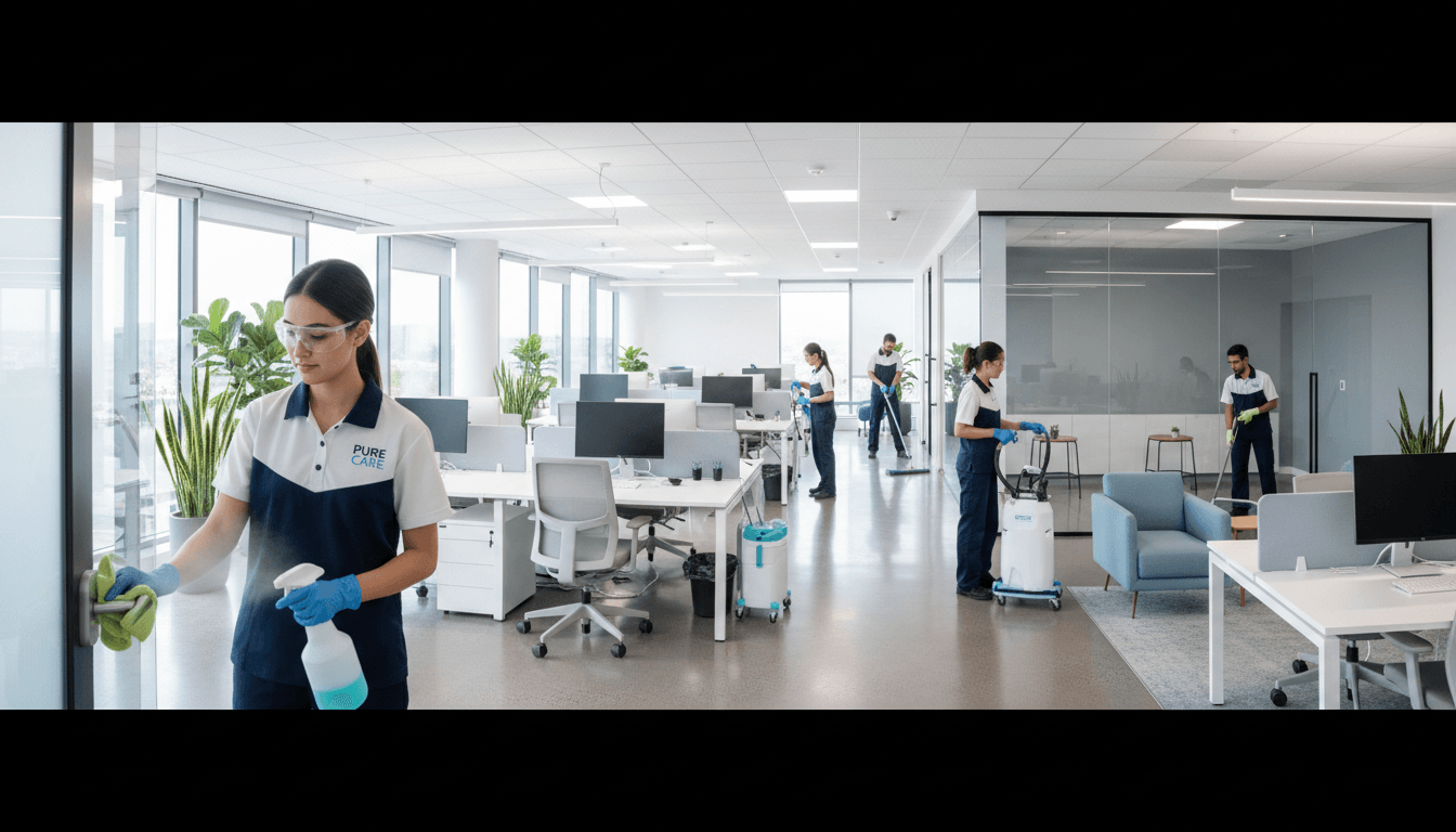 JanMore Solutions team performing professional disinfection and cleaning in commercial office