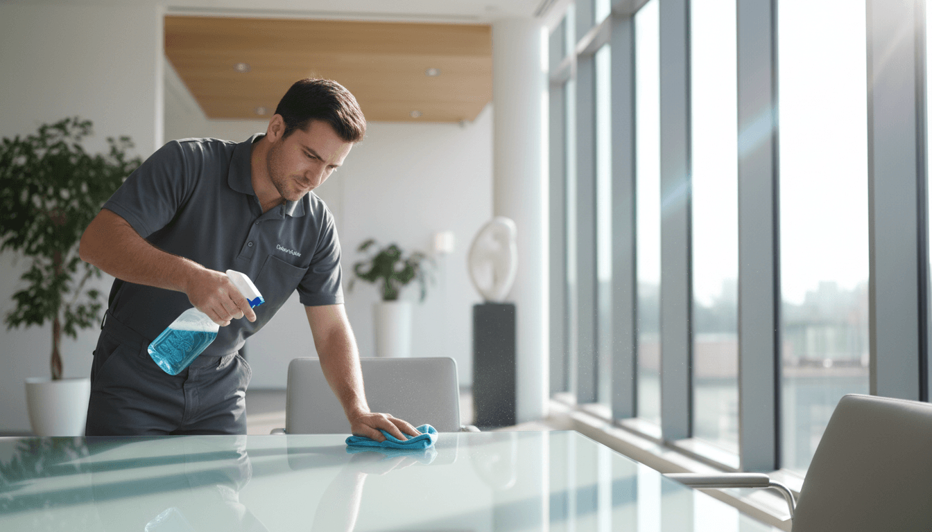 JanMore Solutions team member disinfecting office workspace